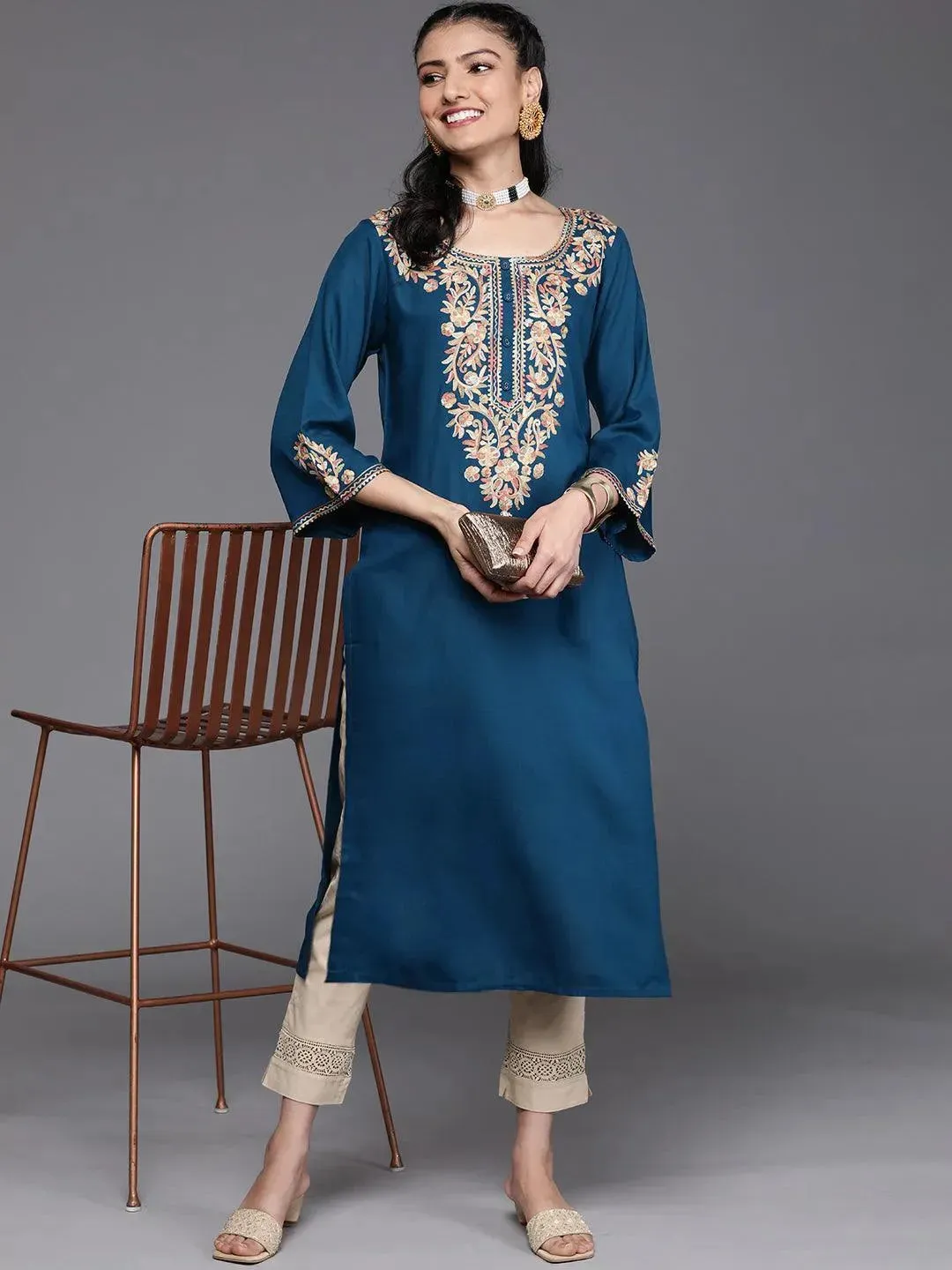 Navy Blue Embroidered Rayon Kurta