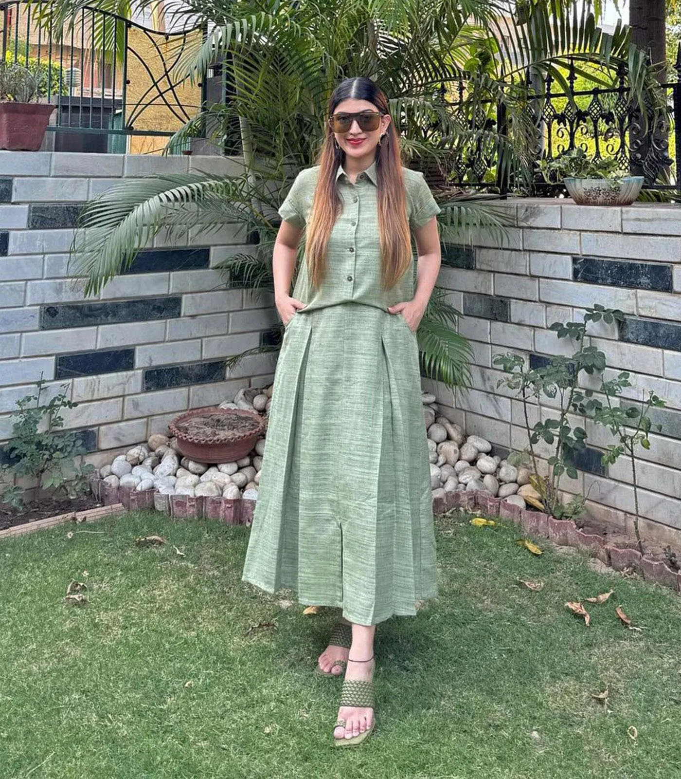 Olive Green Box Pleat Skirt & Shirt
