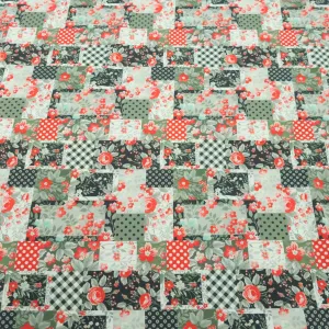 Red Floral with Grey and Black Geometric Background Crepe Polyester Fabric