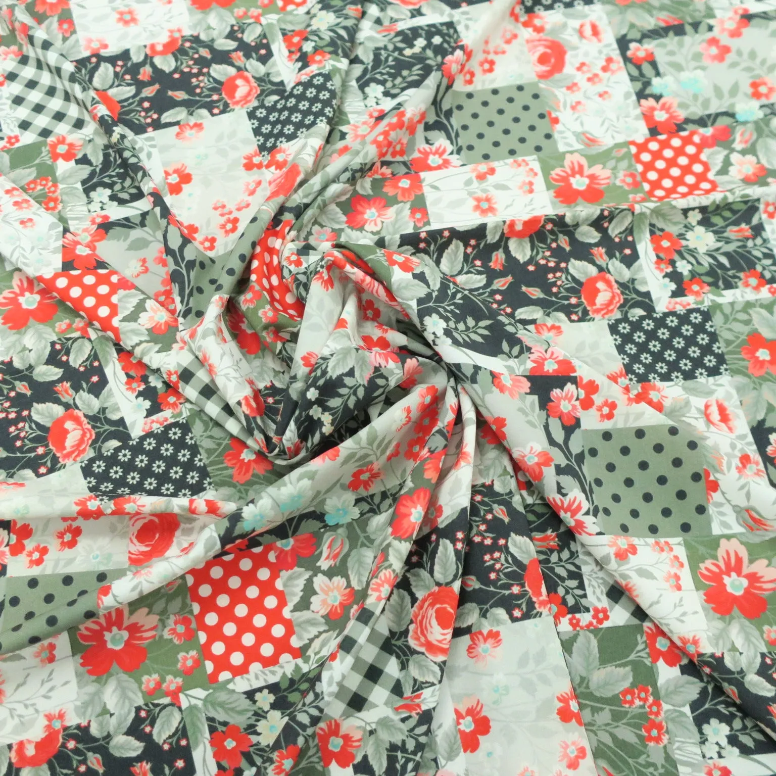 Red Floral with Grey and Black Geometric Background Crepe Polyester Fabric