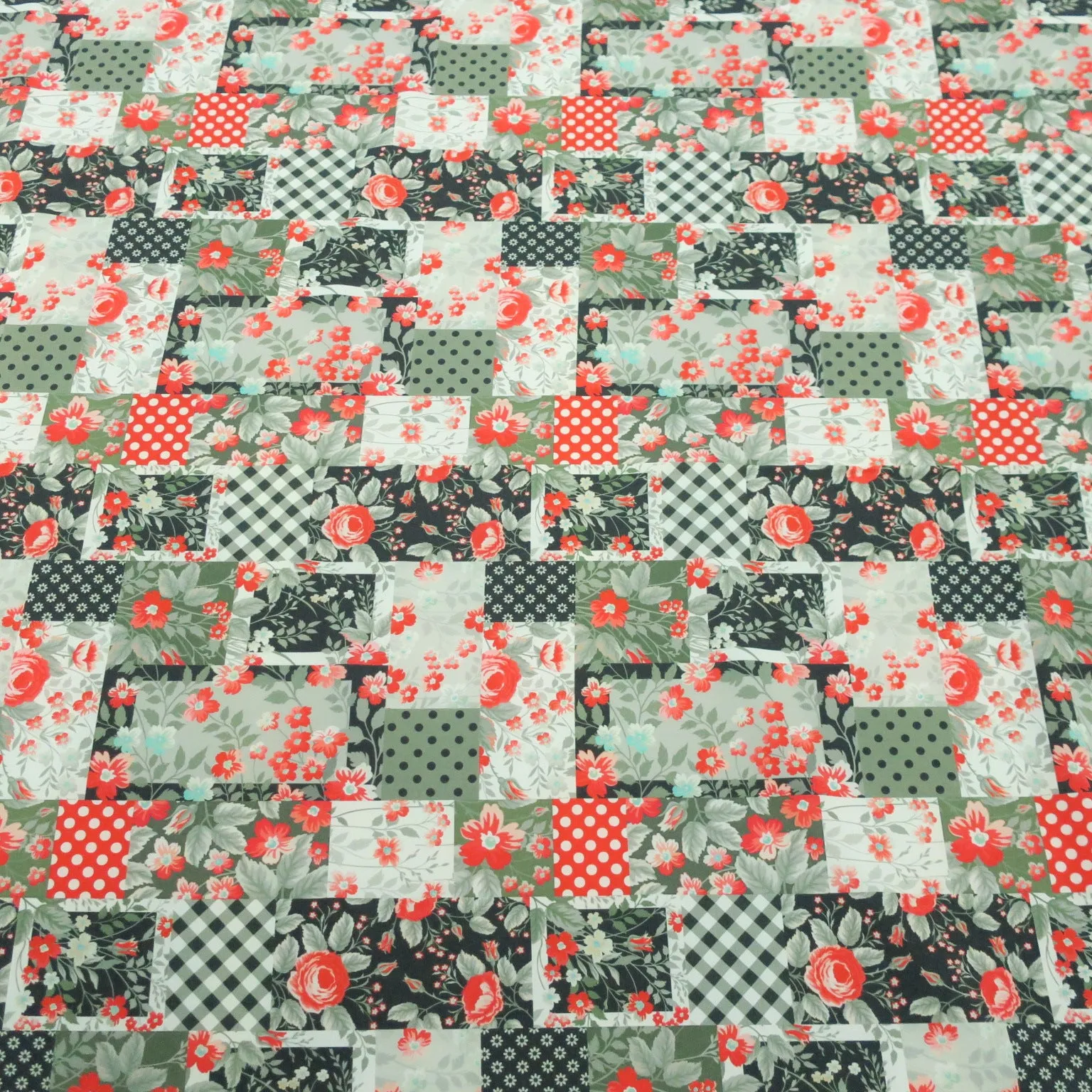 Red Floral with Grey and Black Geometric Background Crepe Polyester Fabric