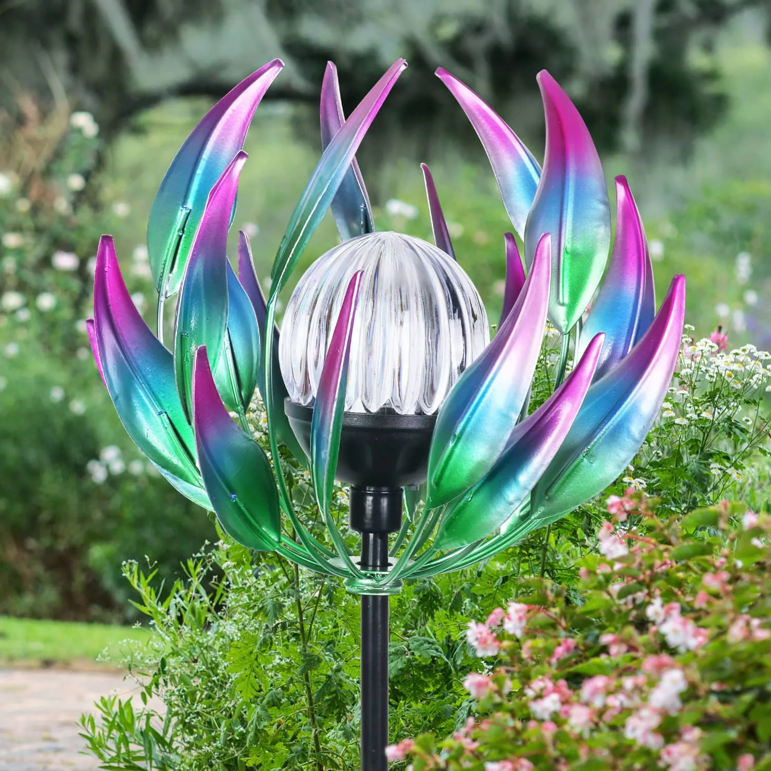 Solar Metal Blue Spinning Flower Stake with LED Ball, 19 by 42 Inches