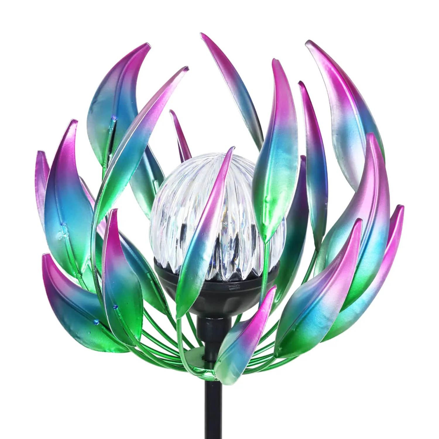 Solar Metal Blue Spinning Flower Stake with LED Ball, 19 by 42 Inches
