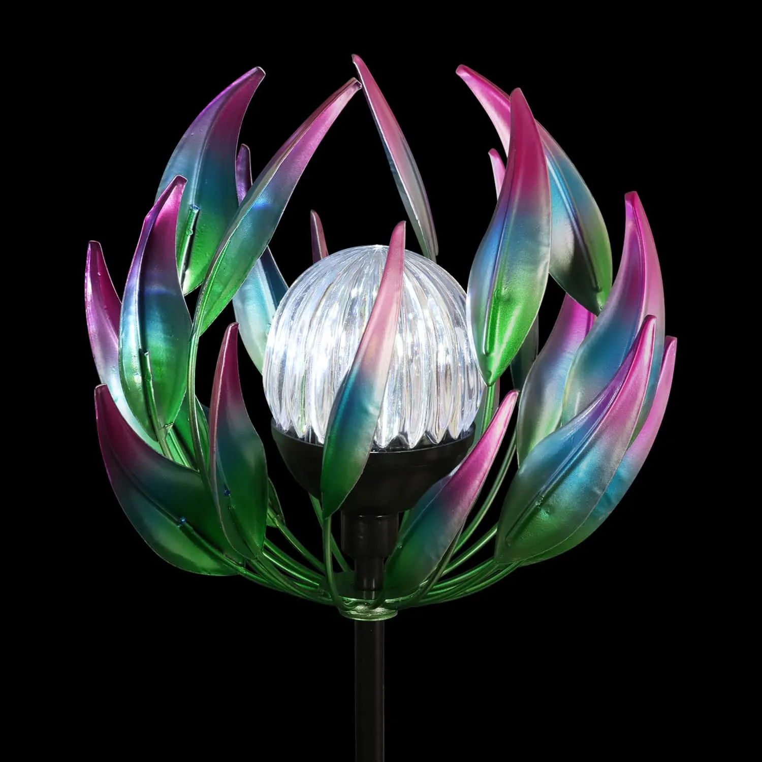 Solar Metal Blue Spinning Flower Stake with LED Ball, 19 by 42 Inches