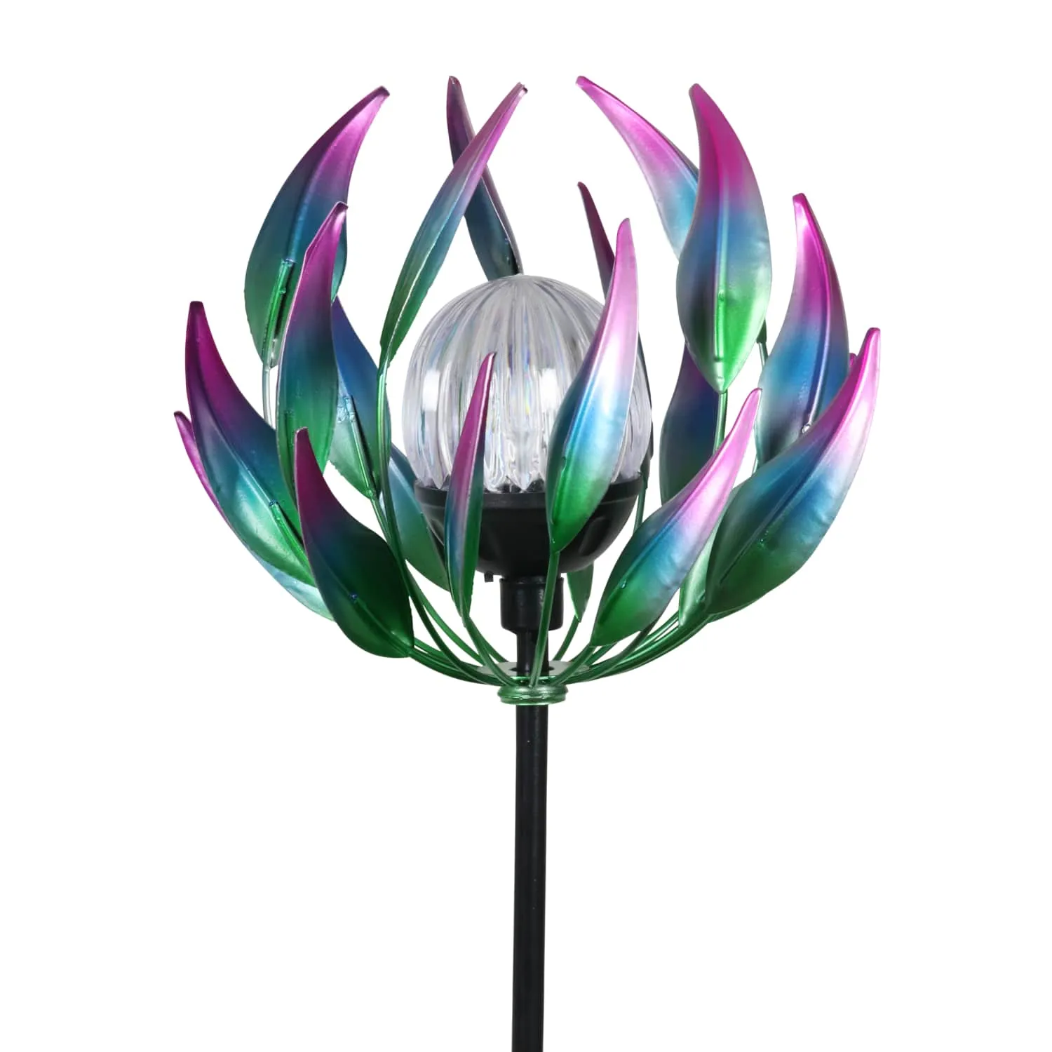 Solar Metal Blue Spinning Flower Stake with LED Ball, 19 by 42 Inches