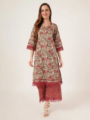 Straight Cotton Floral Printed Kurta with Palazzo Set for Women