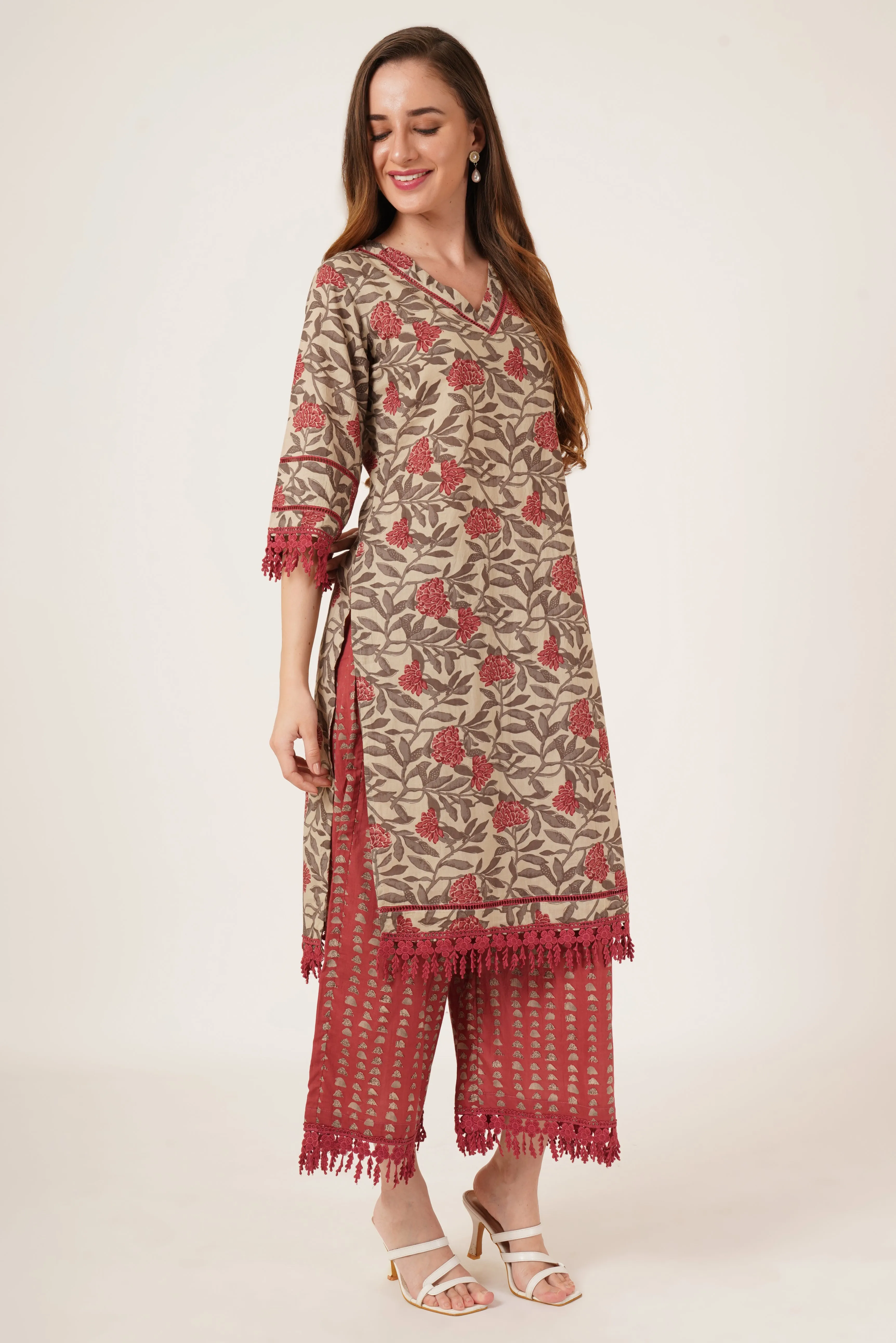 Straight Cotton Floral Printed Kurta with Palazzo Set for Women