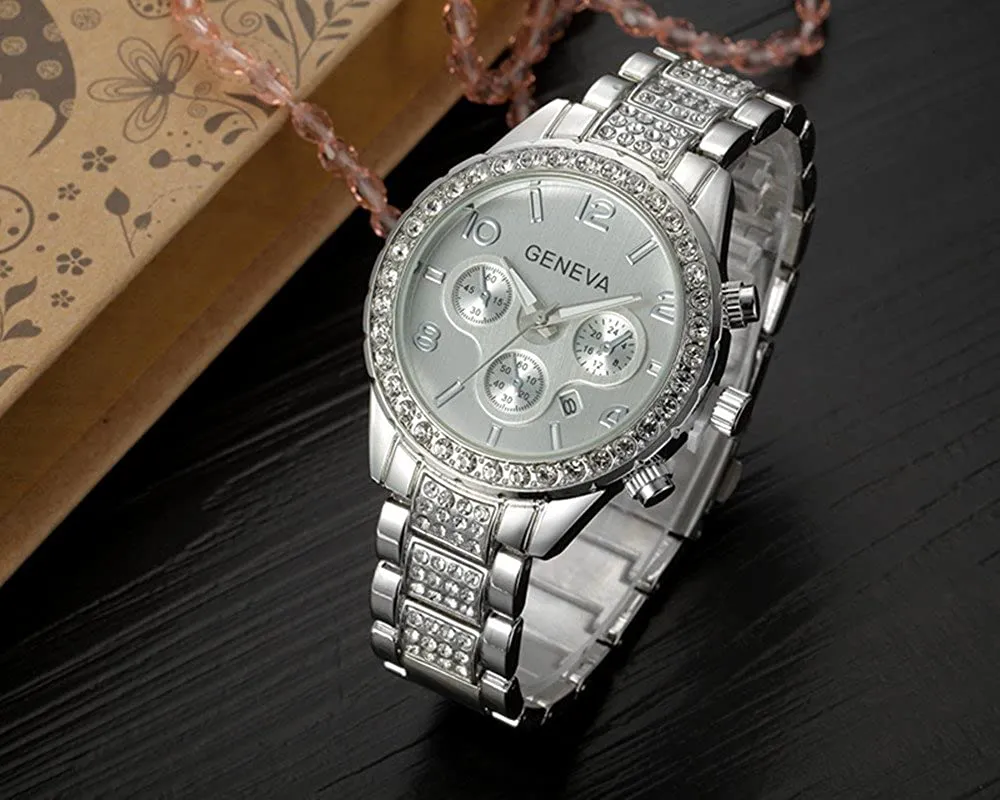 Unisex Luxury Pave Floating Crystal Quartz Silver Stainless Steel Watch