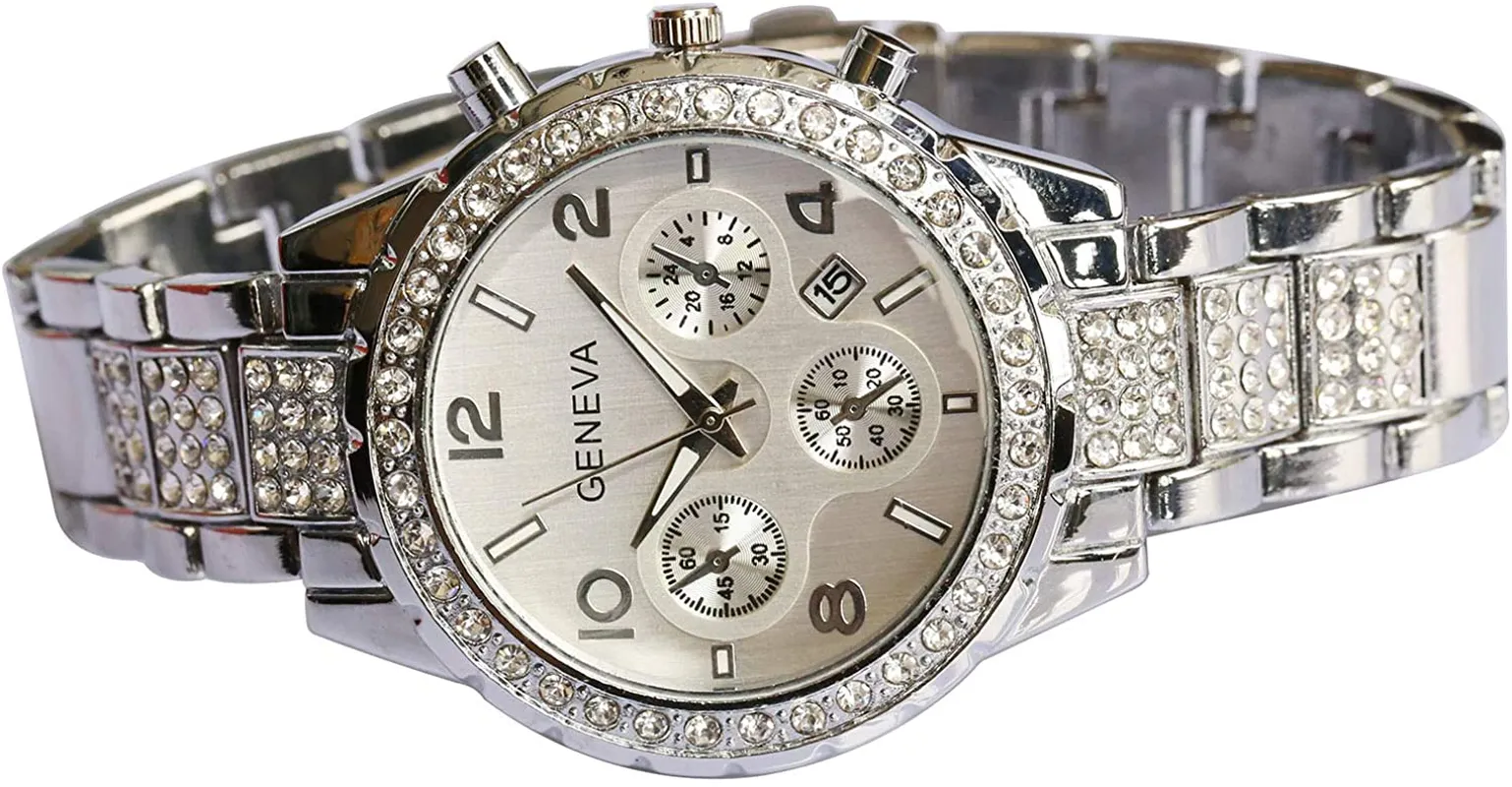 Unisex Luxury Pave Floating Crystal Quartz Silver Stainless Steel Watch