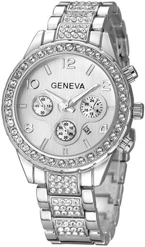 Unisex Luxury Pave Floating Crystal Quartz Silver Stainless Steel Watch