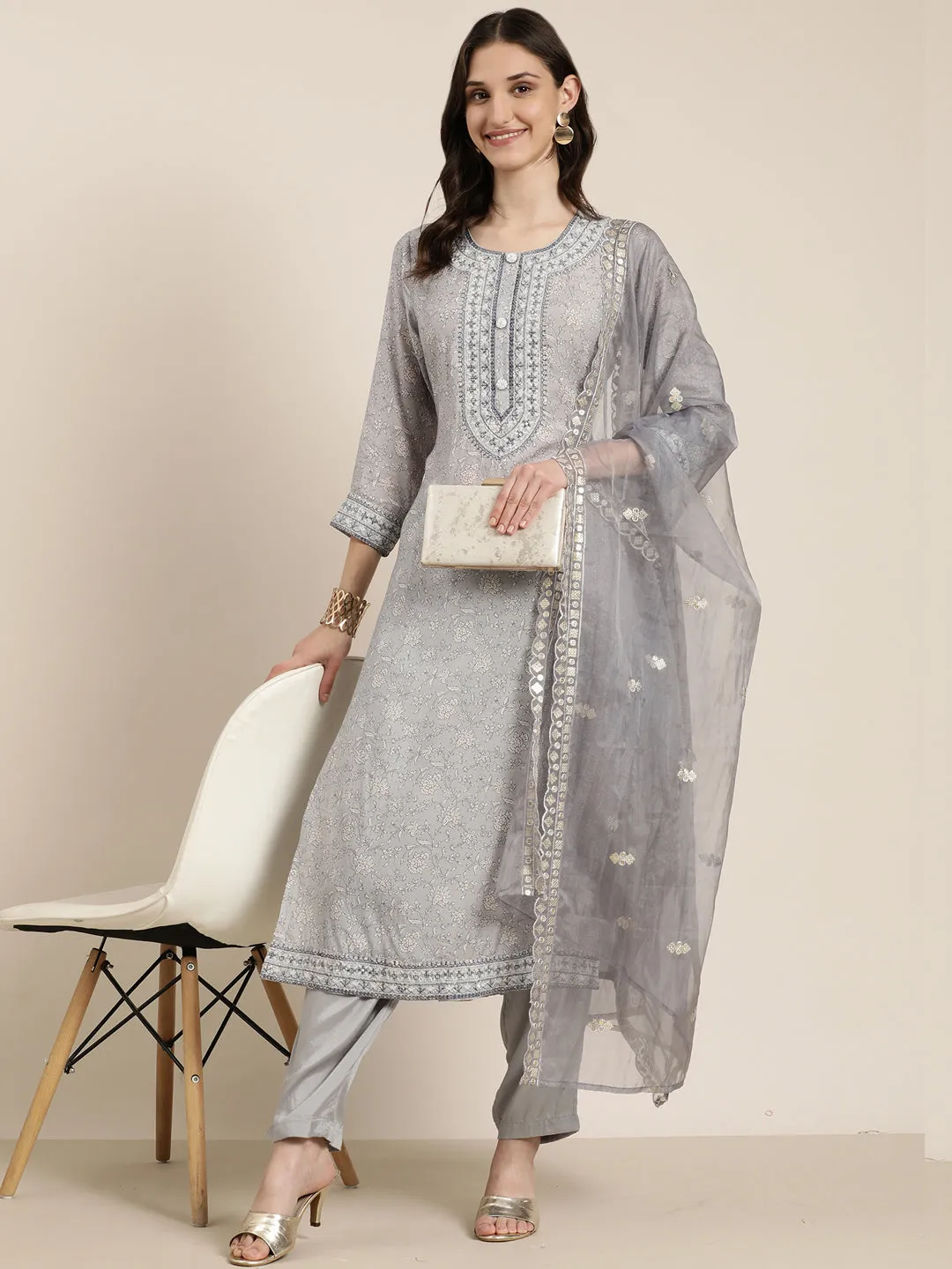 Women Grey Floral Kurta Set