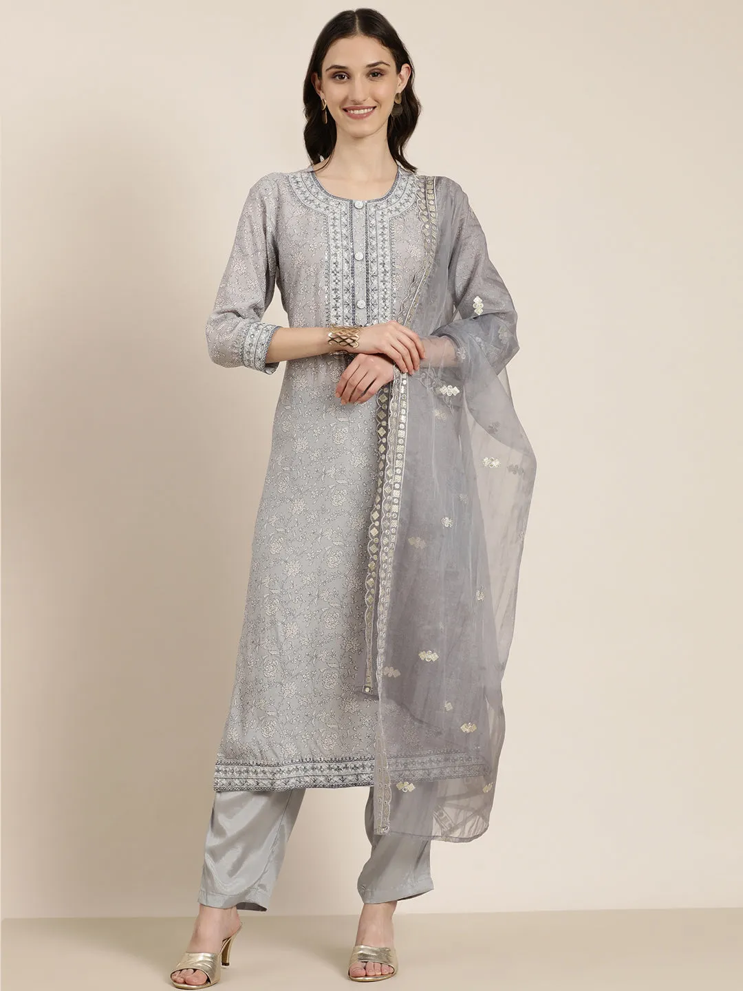 Women Grey Floral Kurta Set